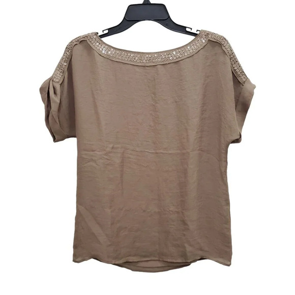 Ann Taylor LOFT Women's Dark‎ Khaki Boxy Sequin Short Sleeve Blouse Top Size S - Picture 1 of 7